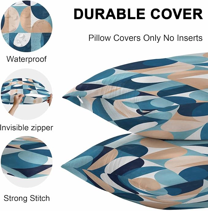 Vandarllin Outdoor Throw Pillows Covers 24x24 inch Set of 2 Waterproof Mid Century Geometric Decorative Zippered Cushion Covers for Patio Furniture, Abstract Modern Blue Lumbar Pillowcases