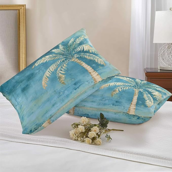 Coastal Beach Tree Teal Blue Outdoor Waterproof Pillow Covers, Vintage Summer Palm Tropical Botanical Decorative Rectangle Throw Pillowcase Sofa Cushion Sham for Patio/Couch/Chair, 20"x12" 2 Pack
