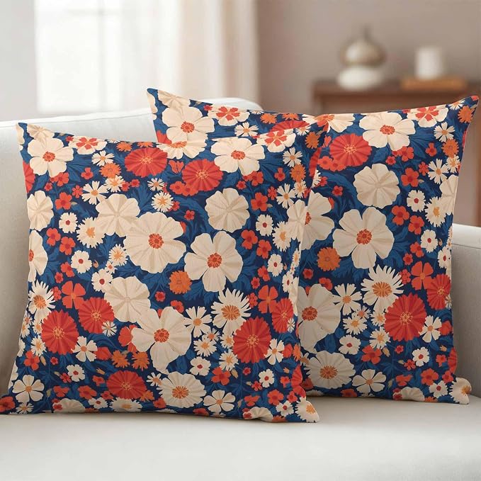 Independence Day Outdoor Waterproof Throw Pillow Covers Set of 2, 24"x24", Red White Daisy Retro 4th of July Decorative Pillow Covers Outside Cushion Case for Patio Porch Garden