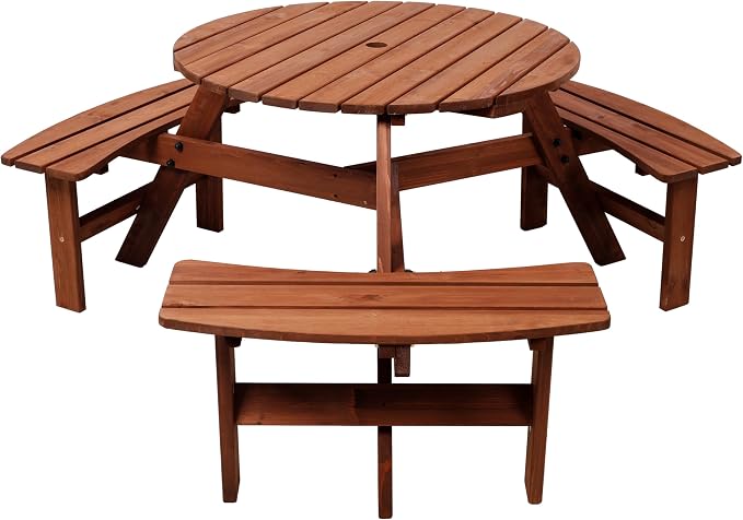 Wooden Picnic Table,Outdoor Wooden Dining Rectangle Table w/Umbrella Hole,for Patio,Garden,Backyard