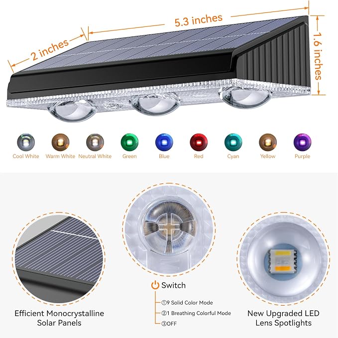 Solar Fence Lights Outdoor 6 Pack, Upgraded Brightness 3X LED Lens Fence Lights Solar Powered, 9 Fixed Colors & RGB Lights, IP65 Waterproof Solar Lights for Outside Backyard/Railing/Step/Patio