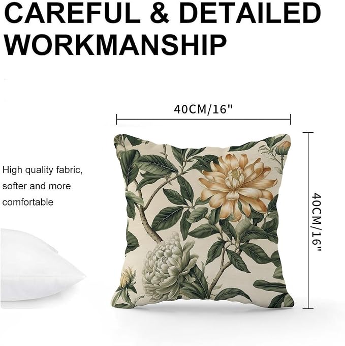 Pillow Cover Green and White Chinoiserie Floral Cushion Cover Modern Golden Lotus Flower Pillow Cover Accent Outdoor Waterproof Decorative Pillow Cover for Patio Couch Tent Sofa 16x16 in