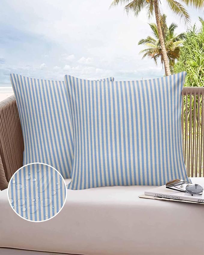 Outdoor Waterproof Throw Pillow Covers Set of 2 Blue Stripes Pillowcases 20x20 Inches Linen Classic Vertical Striped Patio Decorative Pillows Cushion Case Patio Pillows for Couch Bed Chair Garden