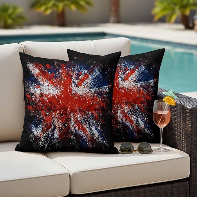 4th of July Outdoor Throw Pillows Covers 18x18 inch Set of 2 Waterproof British Flag Decorative Zippered Cushion Covers for Patio Furniture, Retro National Flag Independence Day Lumbar Pillowcases