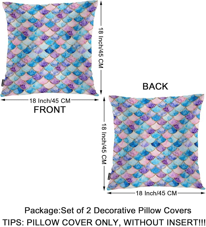 Swono Mermaid Scales Decorative Throw Pillow Cushion Covers, Rainbow Mermaid Fish Scales Cozy Pillowcase Home Decor, Double-Sided Printed Pillow Covers for Bedroom Livingroom Office 18x18 Set of 2