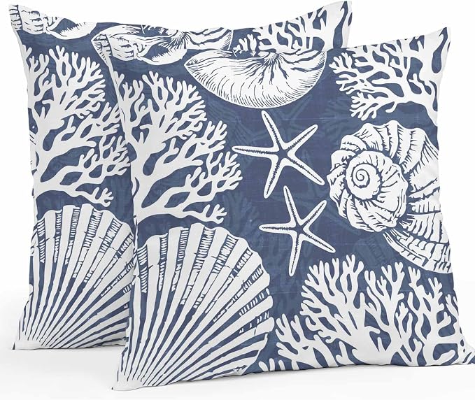 Outdoor Pillow Covers 16x16 Inch Set of 2, Navy Blue Starfish Coastal Waterproof Throw Pillow Covers, Summer Coral Shell Beach Nautical Decorative Cushion Pillowcases for Couch Sofa Bed Garden Patio