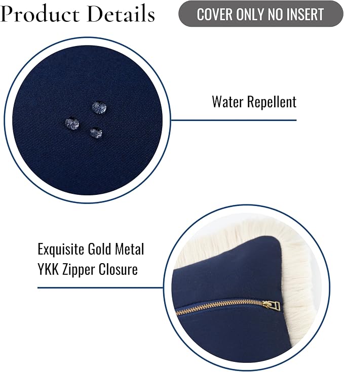 Hofdeco Premium Coastal Hampton Style Patio Outdoor Performance Pillow Cover Only, 20"x20" Water Repellent, UV and Fade Resistant for Backyard, Couch, Dark Navy Blue Solid with Fringe