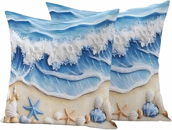Summer Beach Outdoor Waterproof Throw Pillow Covers Set of 2, 24"x24", Seashell Starfish Nautical Coastal Decorative Pillow Covers Outside Cushion Case for Patio Porch Garden