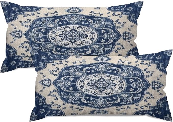 Set of 2 Classical Navy Blue Damask Pattern Pillow Covers 12x24in Farmhouse Canvas Cushion Covers Outdoor for Couch Chair Home Decor for Family Friends