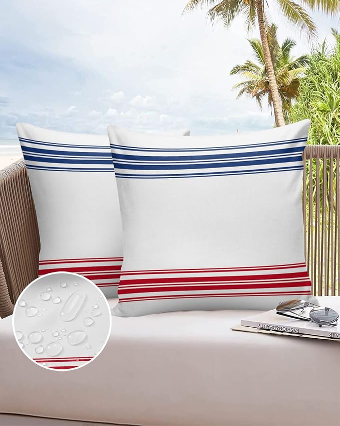 Prime Leader Outdoor Waterproof Pillow Covers Set of 2, Independence Day Flag Day Blue Red Stripe Patio Throw Pillow Covers, Decorative Cushion Case for Couch Sofa Furniture Garden, 16x16 Inch