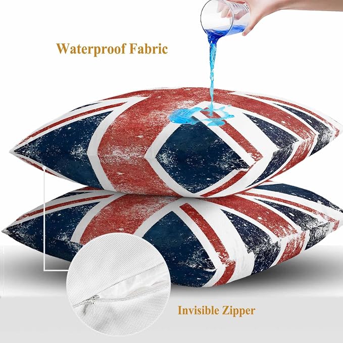4th of July Outdoor Throw Pillows Covers 26x26 inch Set of 2 Waterproof British Flag Decorative Zippered Cushion Covers for Patio Furniture, Vintage Mottled National Flag Lumbar Pillowcases