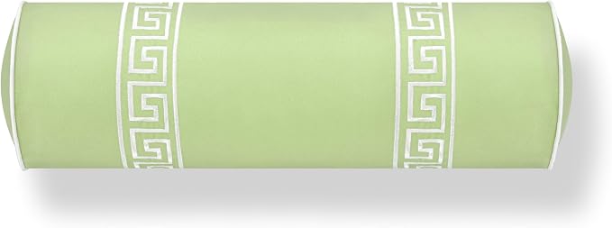 Hofdeco Premium Grandmillennial Coastal Hampton Patio Indoor Outdoor Bolster Pillow Cover Only, 8"x24" Water Repellent for Backyard, Couch, Poolside, Grass Green Embroidered Greek Key