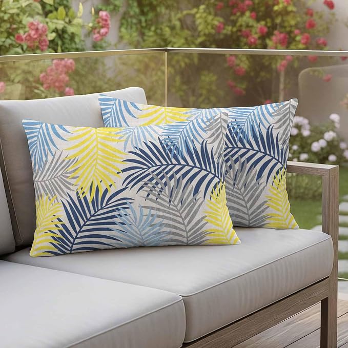 Outdoor Waterproof Throw Pillow Covers, Blue Yellow Grey Palm Leaves Decorative Pillow Cases, Summer Botanical Tropical Leaf Couch Pillow Protector Patio Sofa Cushion Covers Replacement 20"x12" 2 Pack