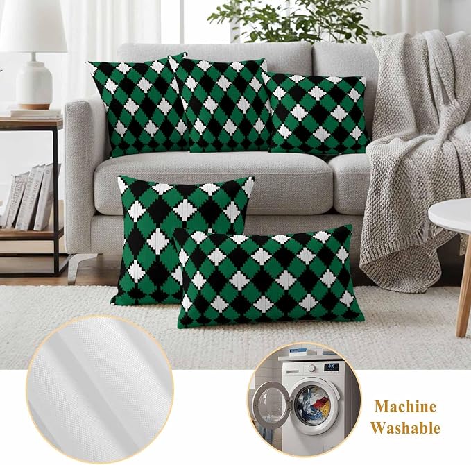Vintage Rhombus Outdoor Waterproof Throw Pillow Covers Set of 2, 24"x24", Green Black White Decorative Pillow Covers Outside Cushion Case for Patio Porch Garden