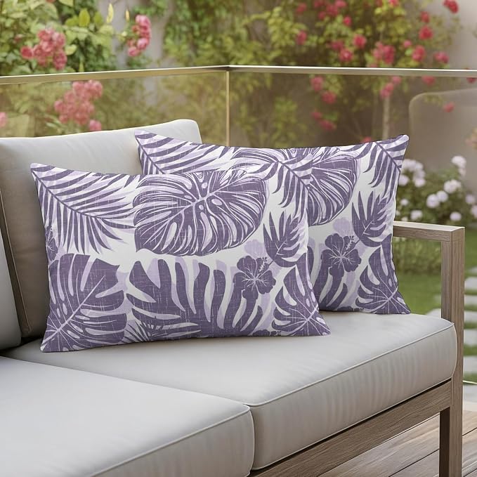 Purple Palm Leaves Outdoor Pillow Covers 20"x12" Set of 2, Tropical Botanical Minimalist Modern Waterproof Throw Pillow Covers for Patio Furniture, Decorative Cushion Covers for Porch