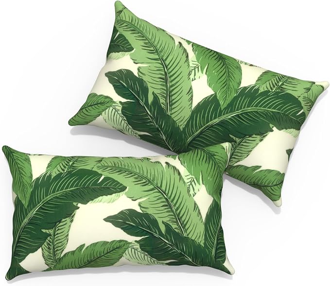 Outdoor Lumbar Pillows 12x20 inch, Rectangle Throw Pillows with Inserts, Decorative Lumbar Cushions for Patio Furniture Garden Couch Home Sofa Office Chair, Pack of 2, Swaying Palms Green