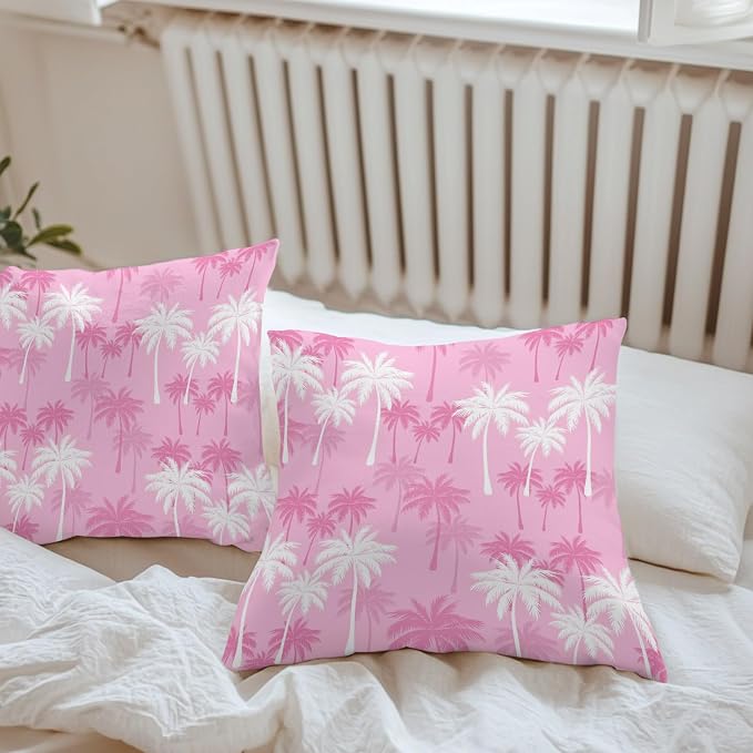 Throw Pillow Covers 24x24 Inch Set of 2, Tropical Palm Tree Waterproof Outdoor Pillow Covers, Magenta Pink Plants Coastal Leaf Beach Decorative Cushion Pillowcases for Couch, Sofa, Bed, Garden, Patio