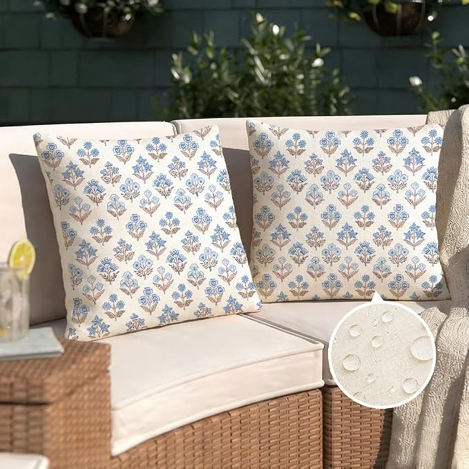 RABUSOFA Blue Floral Pillow Covers 18x18 Inch Set of 2 Outdoor Waterproof Decorative Throw Pillows for Home Spring Summer Decor Couch Patio Funiture Garden Vintage Flower
