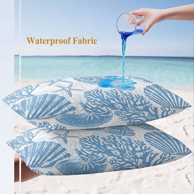Lumbar Pillow Covers 20x12 Inch Set of 2, Blue Coastal Waterproof Outdoor Pillow Covers, Beach Starfish Nautical Coral Shell Summer Decorative Cushion Pillowcases for Couch, Sofa, Bed, Garden, Patio