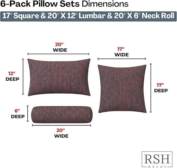 RSH DECOR: 6-Pack Pillow Set | Sunbrella Performance Fabric |Water & Fade-Resistant| 17" Square, 20"x12" Lumbar, 20"x6" Neck Roll | Outdoor Pillows for Patio | Made in USA (Platform Horizon)