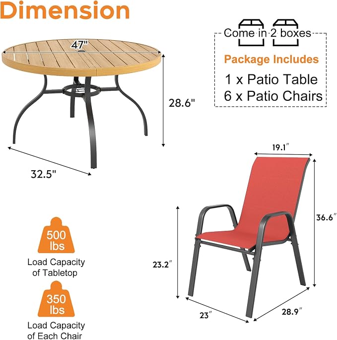 Outdoor Patio Dining Set for 6, 7 Pieces Patio Table and Chairs Set with Umbrella Hole, 47"x 47" Round Metal Wood-Grain Dining Table Set with 6 Stackable Patio Chairs for Deck , Backyard, Porch