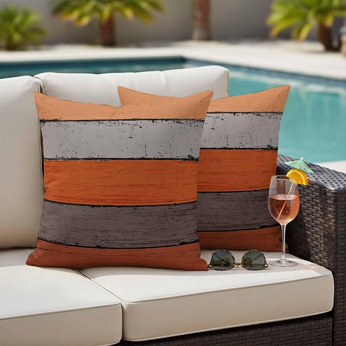 Outdoor Throw Pillow Covers 18X18 Set of 2 Waterproof Ombre Burnt Orange Gray Decorative Zippered Cushion Covers for Patio Furniture, Farmhouse Retro Rustic Barn Wood Texture Lumbar Pillowcases