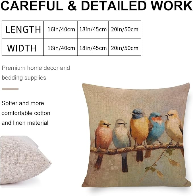 Linen Cushion Case Oil Painting Birds with Branch Cushion Pillow Cover Colorful Birds are Sitting on A Branch Couch Throw Pillows for Farmhouse Decor Room Bedroom Sofa Chair Car 18"x18"