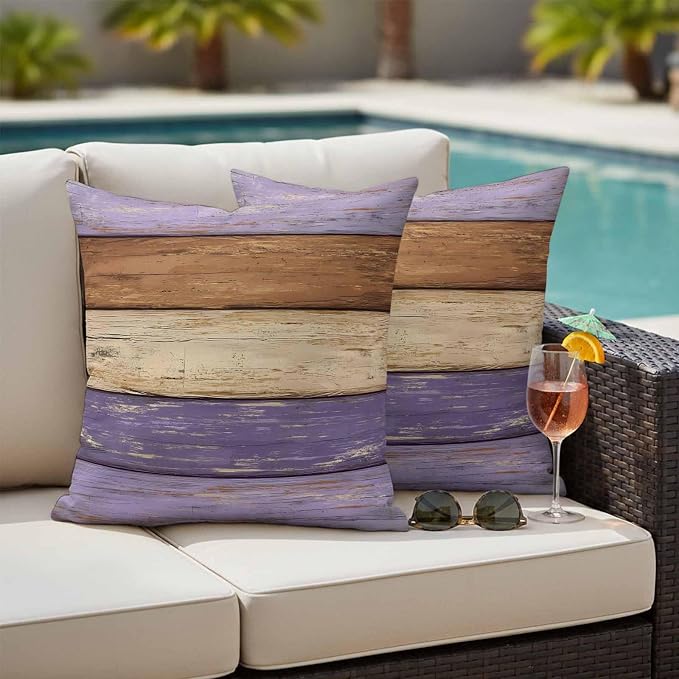 Farmhouse Purple Brown Outdoor Waterproof Pillow Covers, Vintage Wooden Striped Decorative Square Throw Pillowcase Sofa Cushion Sham for Patio/Couch/Chair, 16"x16" 2 Pack