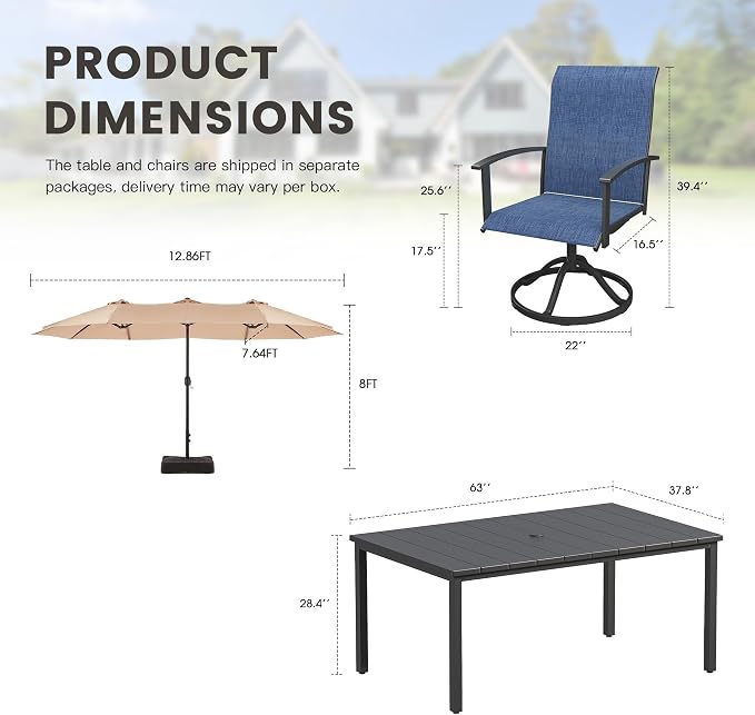 7 Pieces Patio Dining Set with Patio Umbrella, Outdoor Furniture of 63" Rectangular Patio Table and Patio Swivel Chairs for Backyard Lawn Garden, Black Table and Dark Blue Chairs