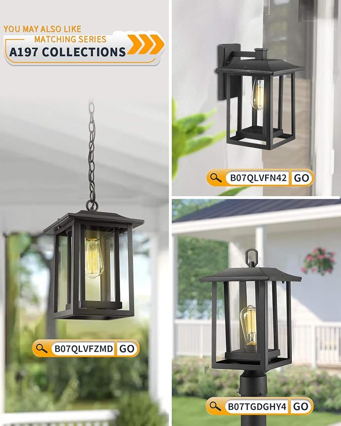 Beionxii Outdoor Light Fixture, Dusk to Dawn Exterior Wall Mount Lantern Outside Lights for House Porch Patio, Black Cast Aluminum w/Clear Glass (13.5" x 9") - A197W-2PK