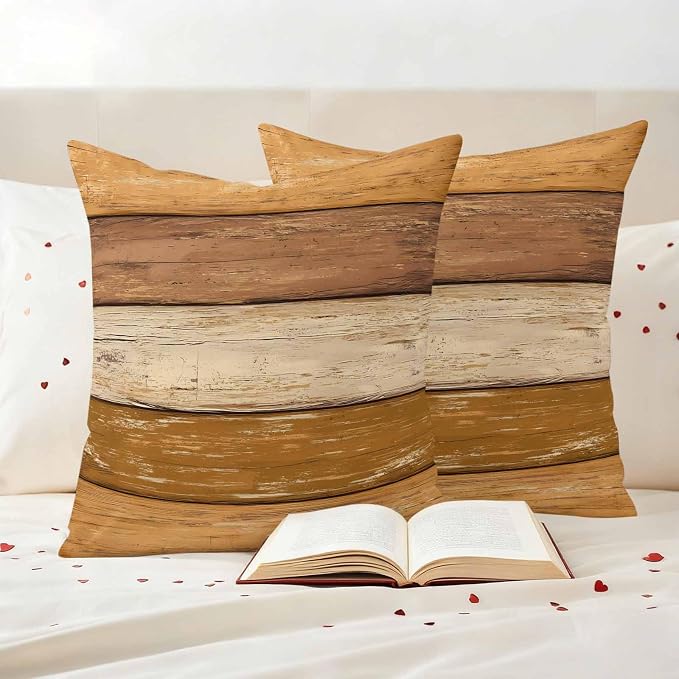 Farmhouse Yellow Brown Outdoor Waterproof Pillow Covers, Vintage Wooden Striped Decorative Square Throw Pillowcase Sofa Cushion Sham for Patio/Couch/Chair, 18"x18" 2 Pack