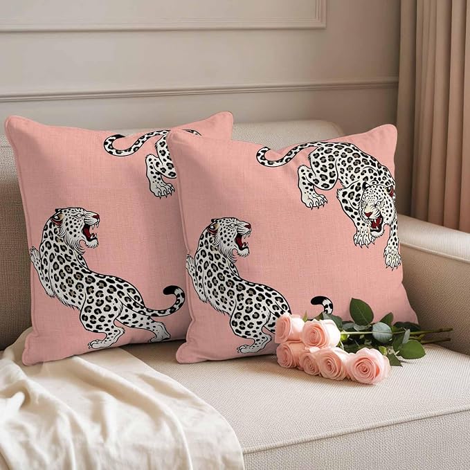 Vandarllin Outdoor Throw Pillows Covers 26x26 inch Set of 2 Waterproof Pink Leopard Decorative Zippered Cushion Covers for Patio Furniture, Bohemian Animal Print Lumbar Pillowcases
