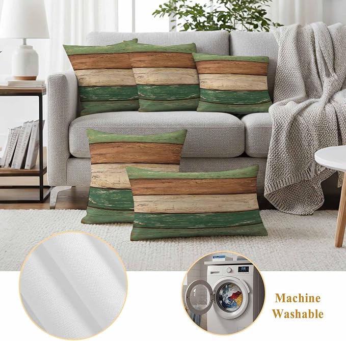 Farmhouse Dark Sage Green Brown Outdoor Waterproof Pillow Covers, Vintage Wooden Striped Decorative Square Throw Pillowcase Sofa Cushion Sham for Patio/Couch/Chair, 24"x24" 2 Pack