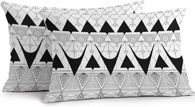 Lumbar Pillow Covers 20x12 Inch Set of 2, Black White Geometric Waterproof Outdoor Pillow Covers, Vintage Art Striped Decorative Cushion Pillowcases for Couch, Sofa, Bed, Garden, Patio