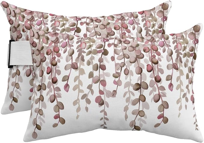 Outdoor Pillows Waterproof Covers Set of 2, Brown Eucalyptus Leaves Adjustable Elastic Chaise Lounge Headrest Pillow Covers, Watercolor Branches Lumbar Pillow for Pool Beach Patio Furniture 11x16 Inch