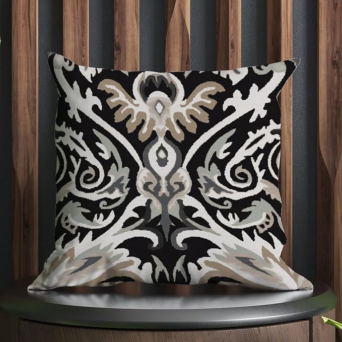 Ikat Black Brown Cushion Cases Euro Sham Charcoal Throw Pillow Cover Abstract Outdoor Garden Decoration for Patio Garden Couch Tent 20x20 in