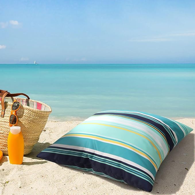 Pyonic Pack of 2 Outdoor Waterproof Throw Pillow Covers Light Blue Pillow Covers Decorative Square Cushion Cases for Patio Furniture Tent Garden Couch,18x18 Inches,Color Stripe