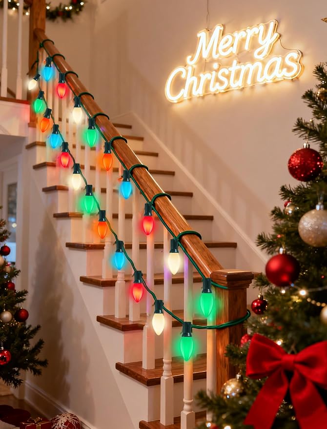 C7 Multicolor Ceramic Christmas Lights Outdoor, 26Ft Vintage Christmas Decorations Lights with 27 5W Incandescent Ceramic Bulbs(2 Spare), Hanging Old Fashioned String Lights for Patio Party Xmas Decor