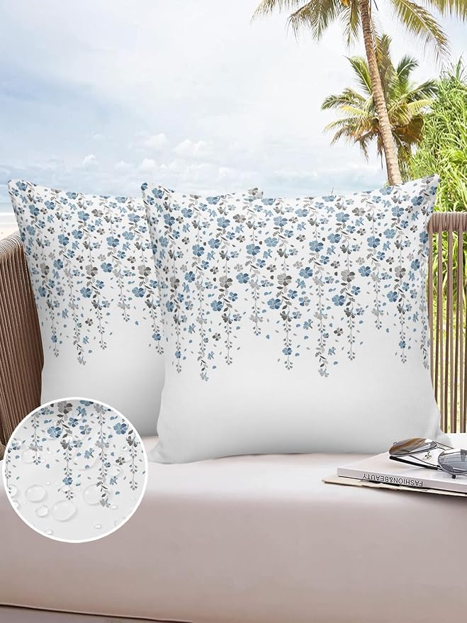 Floral Outdoor Pillow Covers Pack of 2, Blue and Grey Flowers Waterproof Pillow Covers Seasonal Spring Summer Throw Pillowcase for Patio Funiture Garden Tent, 16 x 16 inch