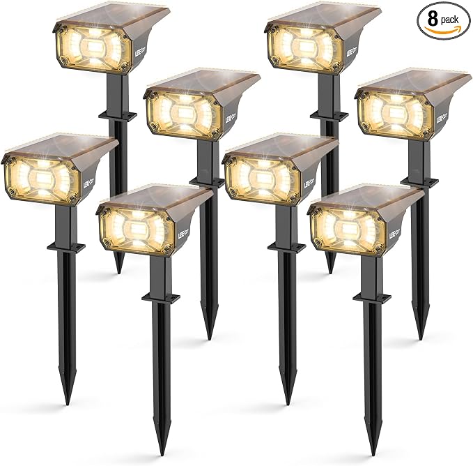 LEREKAM 3 Brightness Modes Solar Outdoor Lights, 360 Degree Adjustable Lighting Angle with 40 LED's, Spotlights Outdoor Waterproof Auto On or Off Solar Garden Lights 8 Pack