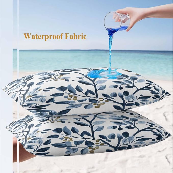 Lumbar Pillow Covers 20x12 Inch Set of 2, Navy Blue Botanical Waterproof Outdoor Pillow Covers, Summer Spring Leaves Decorative Cushion Pillowcases for Couch, Sofa, Bed, Garden, Patio