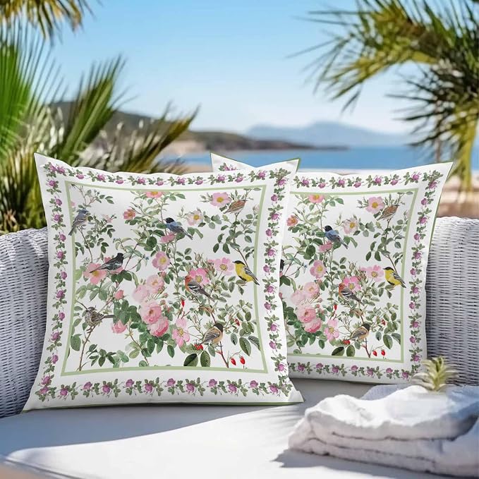 Vandarllin Outdoor Throw Pillows Covers 18x18 inch Set of 2 Waterproof Pink Floral Bird Decorative Zippered Cushion Covers for Patio Furniture, Green Leaves Branches Lumbar Pillowcases