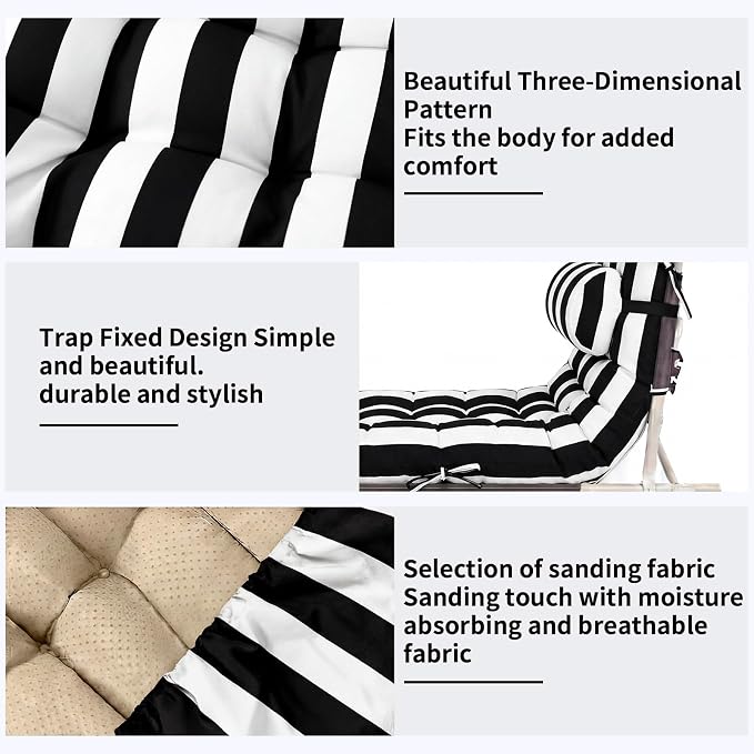 Tudomro Outdoor Chaise Lounge Cushion 66x21x4'' Waterproof & Fade-Resistant Patio Pool Chaise Lounge Cushion Headrest Pillow Tie Replacement Rocking High Back Chair(Black, White Stripe,1 Pcs)