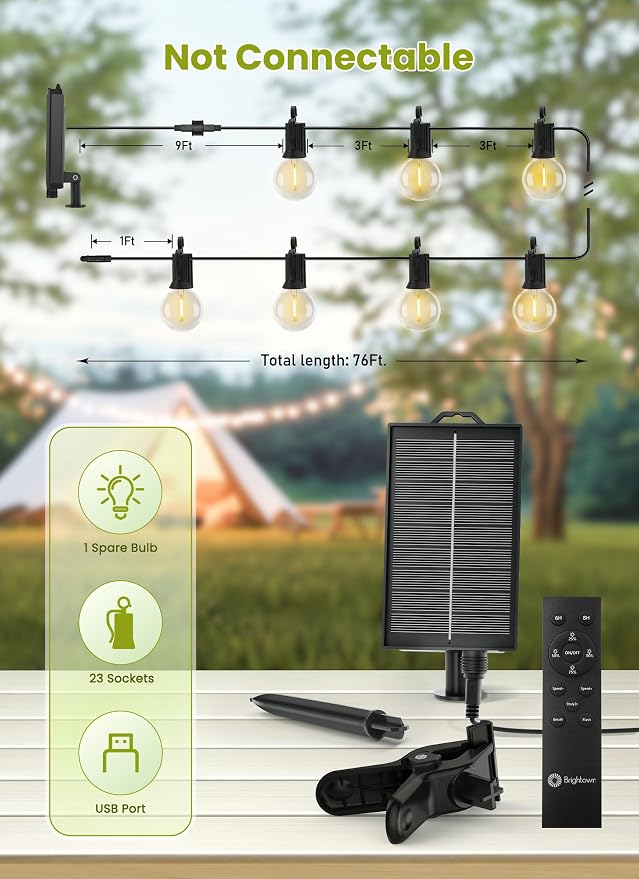 Brightown 76FT Solar String Lights Outdoor, IP65 Waterproof, Remote, Timer | Patio Lights with 23 LED Shatterproof Bulbs, 3 Light Modes, Dimmable, Outside Light for Backyard Porch Yard Party Xmas Decor