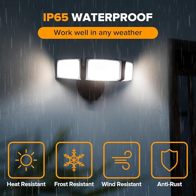 LUTEC 75W 8000 Lumen Floods Light Outdoor, Switch Controlled LED Security Lights with 3 Adjustable Heads, 5000K Daylight, IP65 Waterproof Exterior Flood Light for Outside Garage, Yard, Patio-Black