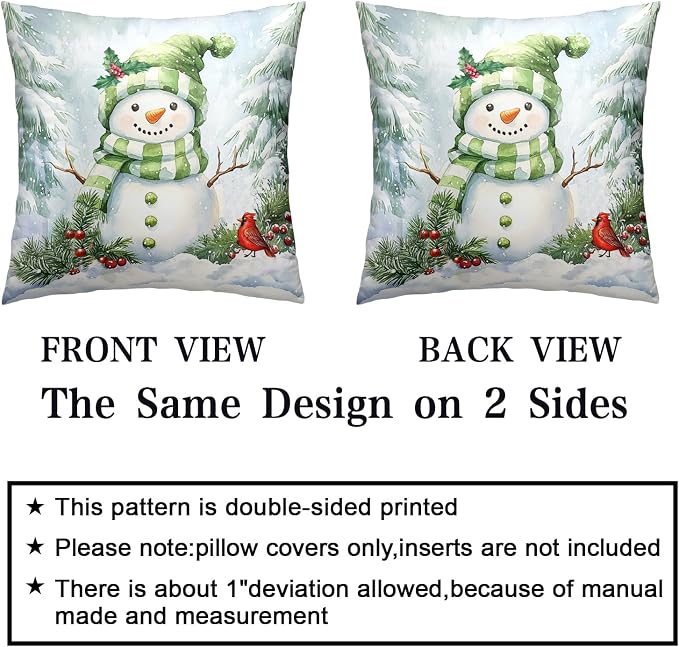 Set of 2 Winter Pillow Covers 20x20 Green Snowman Pine Tree Holly Berry Cardinal Bird Throw Pillow Covers Holiday Pillow Case for Home Decor Couch Sofa
