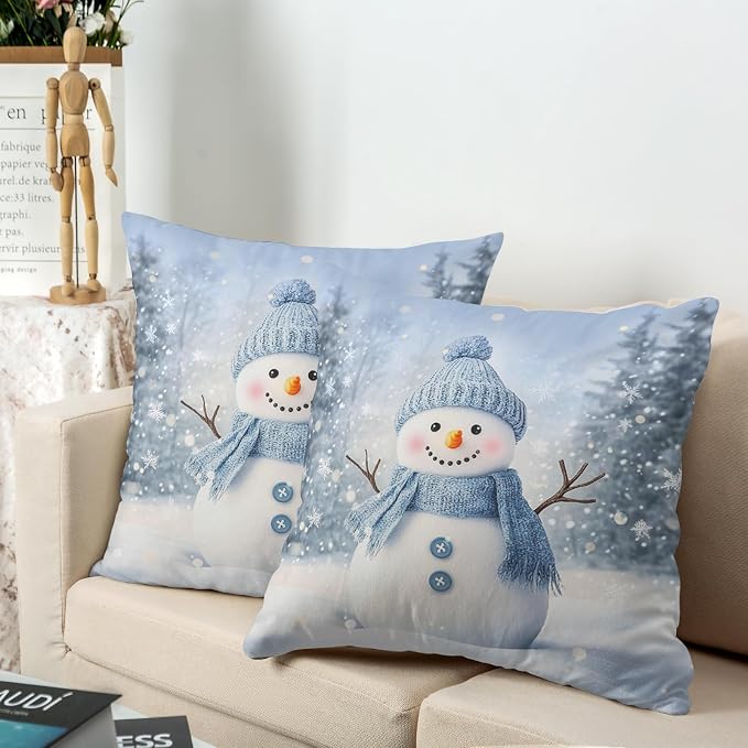 Blue Snowman Throw Pillow Covers Winter Pillow Covers 24x24 Snowflakes Pillow Case Double Sided Printing Cushion Case for Home Decor Couch Sofa Set of 2
