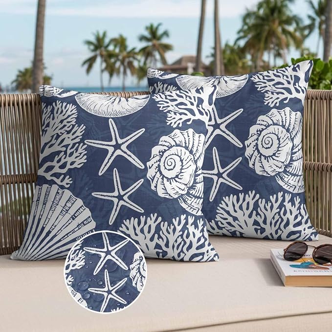 Outdoor Pillow Covers 16x16 Inch Set of 2, Navy Blue Starfish Coastal Waterproof Throw Pillow Covers, Summer Coral Shell Beach Nautical Decorative Cushion Pillowcases for Couch Sofa Bed Garden Patio