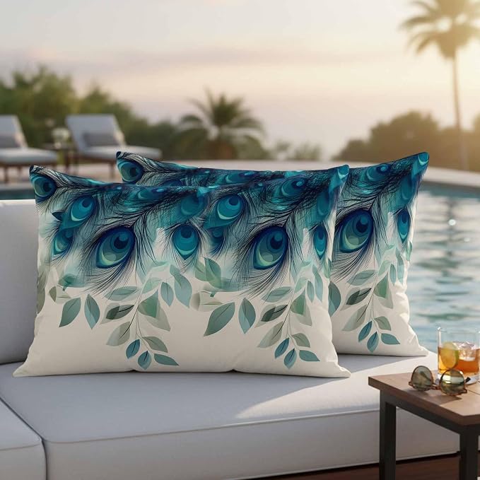 Teal Turquoise Outdoor Pillow Covers 20x12 Inch Lumbar Pillow Covers Set of 2 Waterproof Decorative Throw Pillow Cases Peacock Feathers Aesthetics Eucalyptus Cushion Covers for Patio Furniture Garden