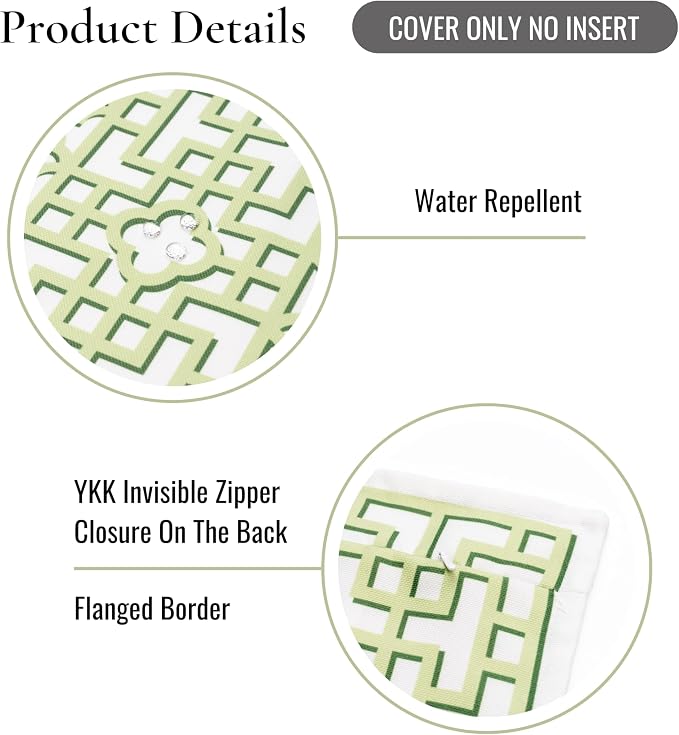 Hofdeco Premium Grandmillennial Coastal Hampton Patio Indoor Outdoor Throw Pillow Cover Only, 20"x20" Water Repellent for Backyard, Couch, Poolside, Grass Green Print Fretwork Trellised Screen